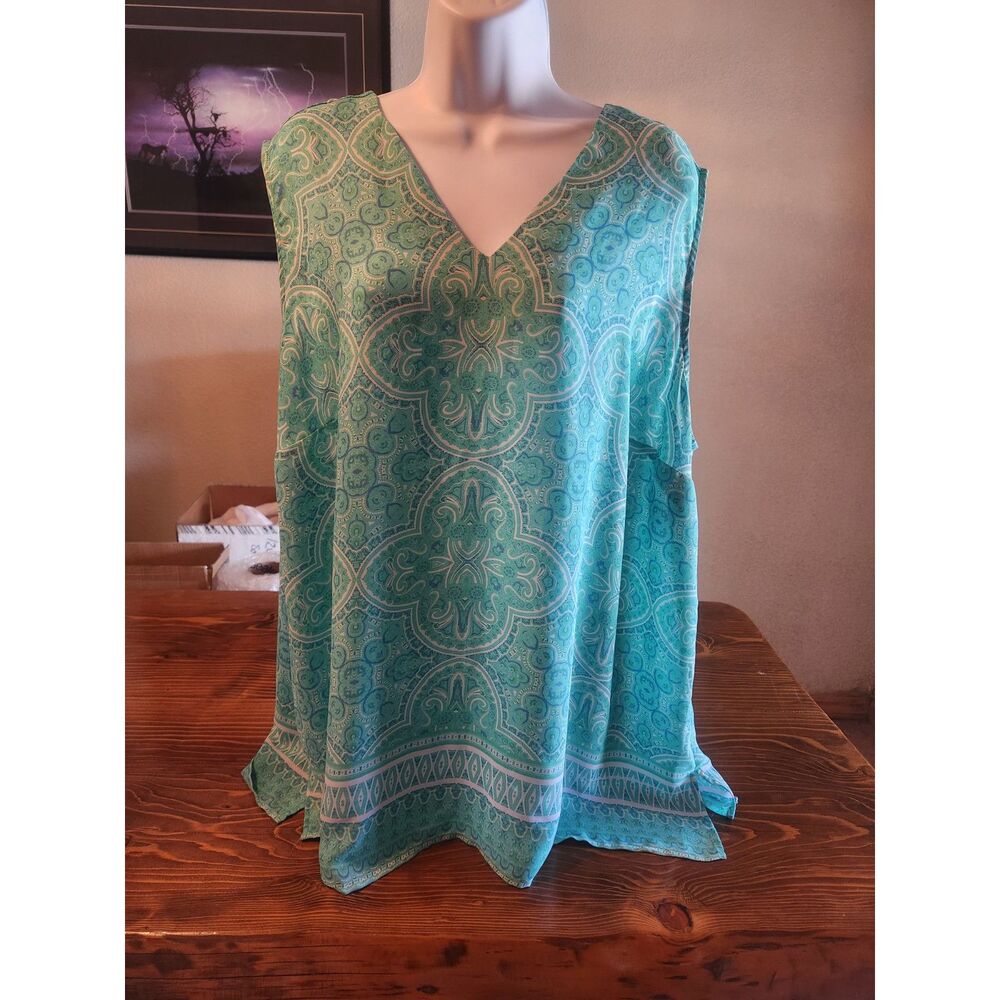Cynthia Rowley Women's Teal Fun Print Tank Top Size 3X Flowy Sleeveless Blouse